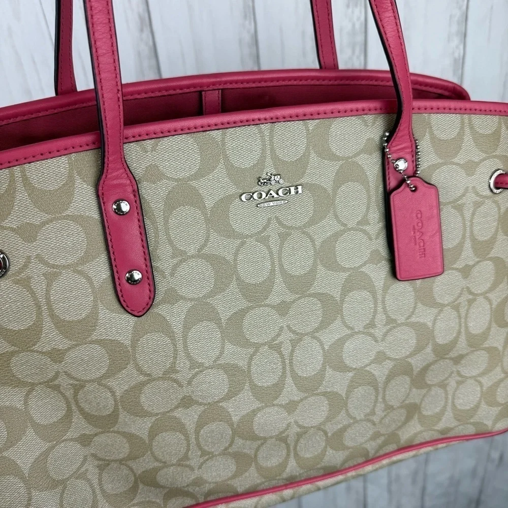 Coach tan monogram pink trim tote bag - Picture 2 of 11